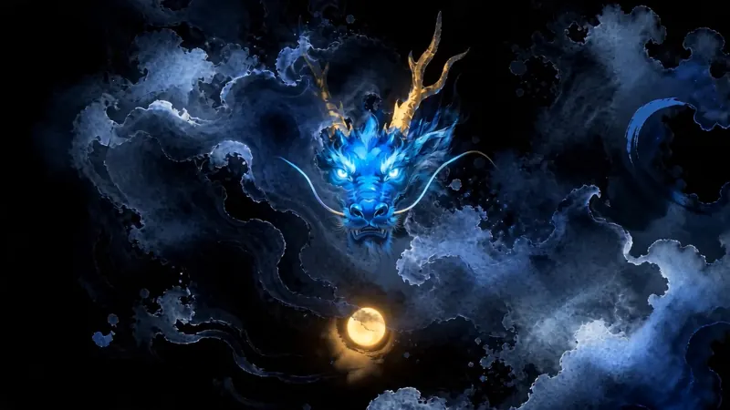 정면을 바라보는 청룡과 그 아래 떠 있는 금빛 여의주